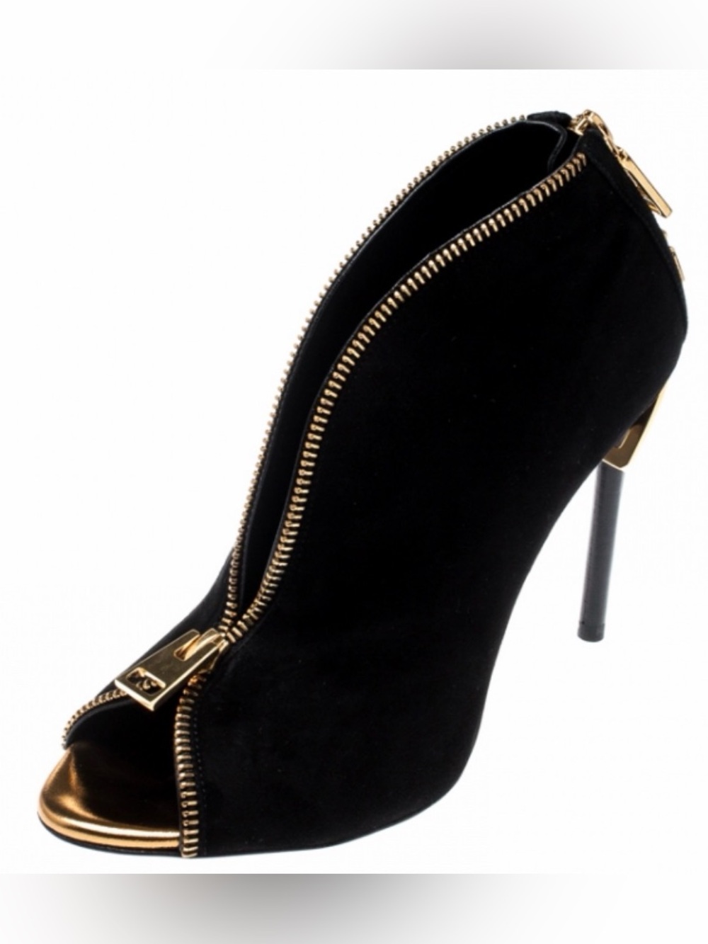 Tom Ford Black Suede Peep-Toe Ankle Boot with Gold Zip